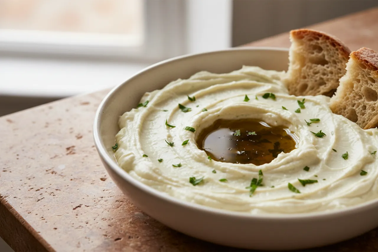 Skordalia — Greek recipe, finished and plated