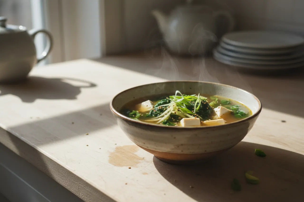 Ginger Miso Broth with Tofu — Japanese recipe, finished and plated