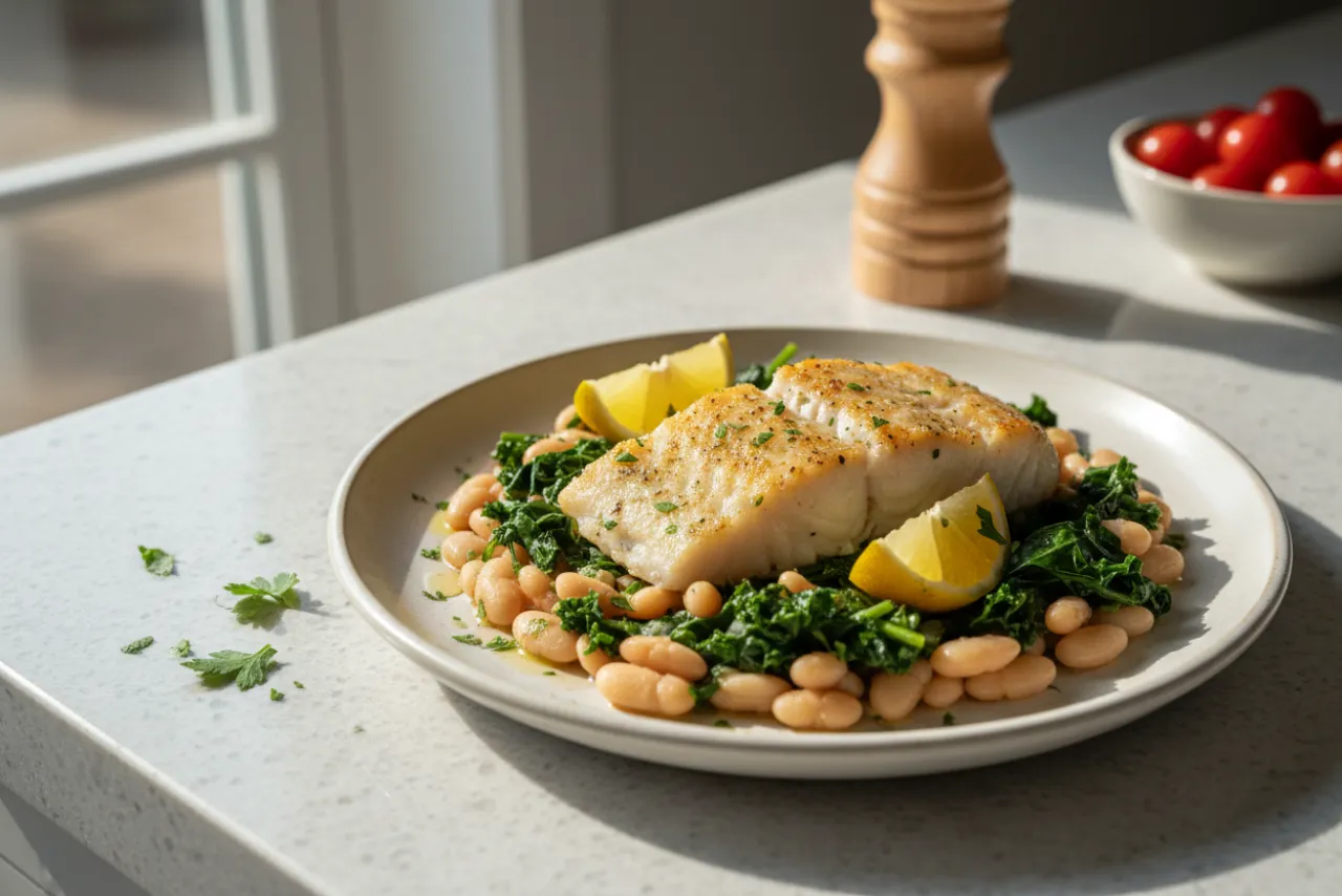 Baked Cod with Greens — a Mediterranean diet mediterranean recipe with about 10g of fiber