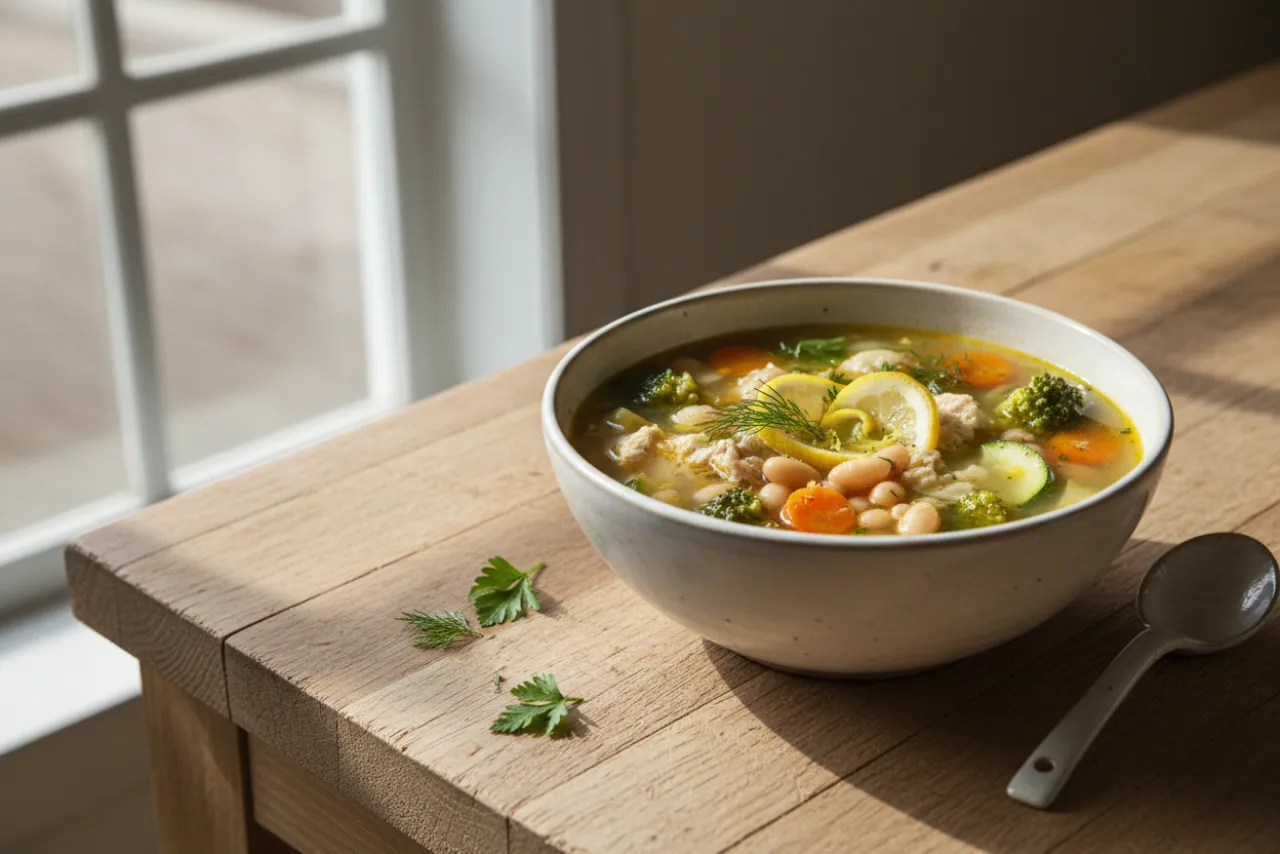 Lemon Chicken & Vegetable Soup — a high-protein soup mediterranean recipe with about 6g of fiber