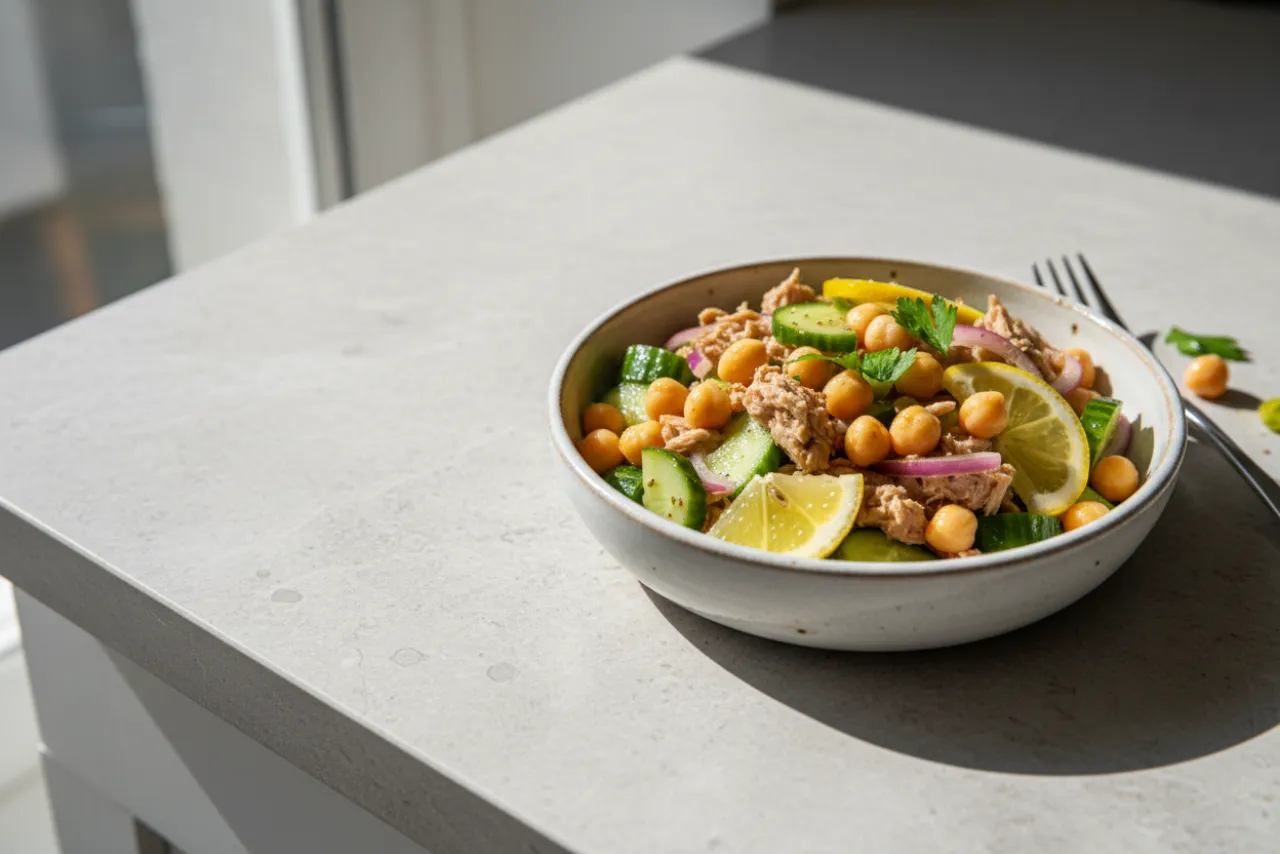 Chickpea & Tuna Lunch Salad — a high-fiber salad mediterranean recipe with about 11g of fiber