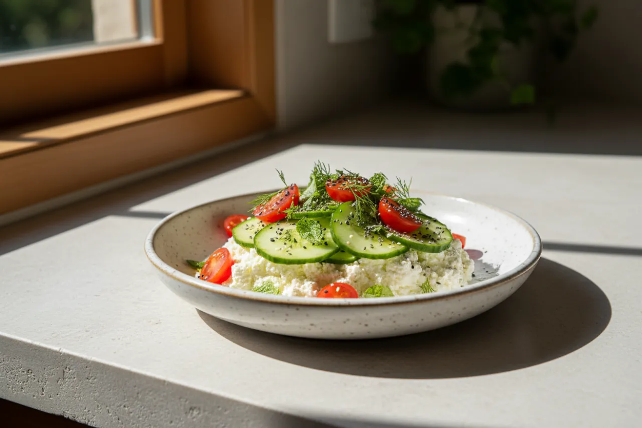 Cottage Cheese & Cucumber Plate — a high-protein vegetarian mediterranean recipe with about 4g of fiber