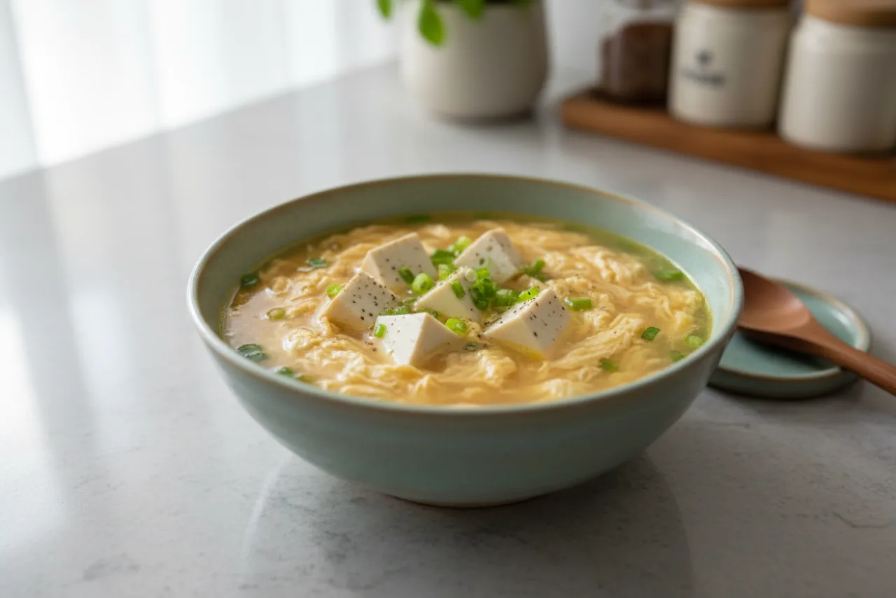 Egg Drop & Tofu Soup — a pantry chinese recipe with about 1g of fiber