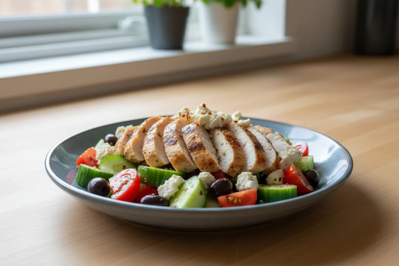 Greek Chicken Salad — a easy high-protein dinner greek recipe with about 3g of fiber