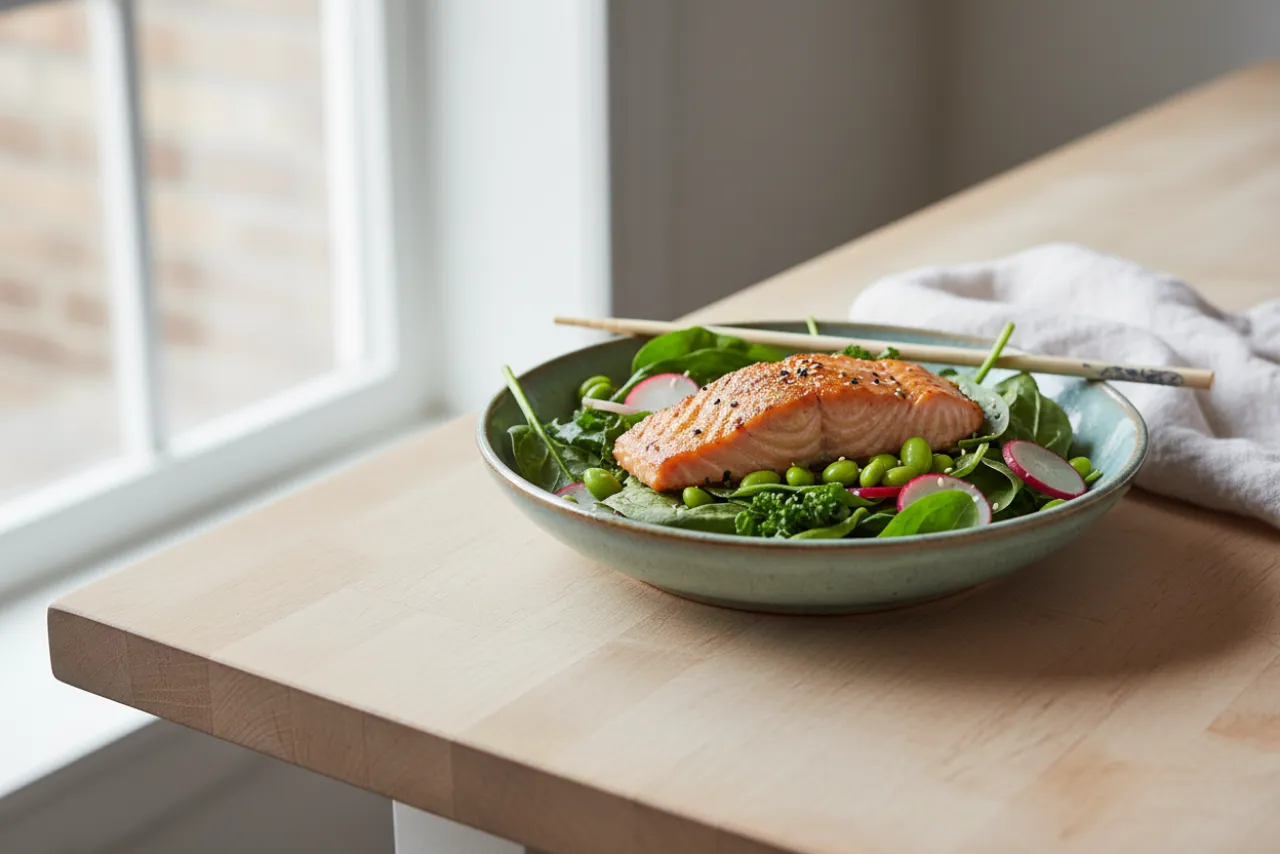 Miso Salmon & Greens Bowl — a high-protein seafood japanese recipe with about 7g of fiber