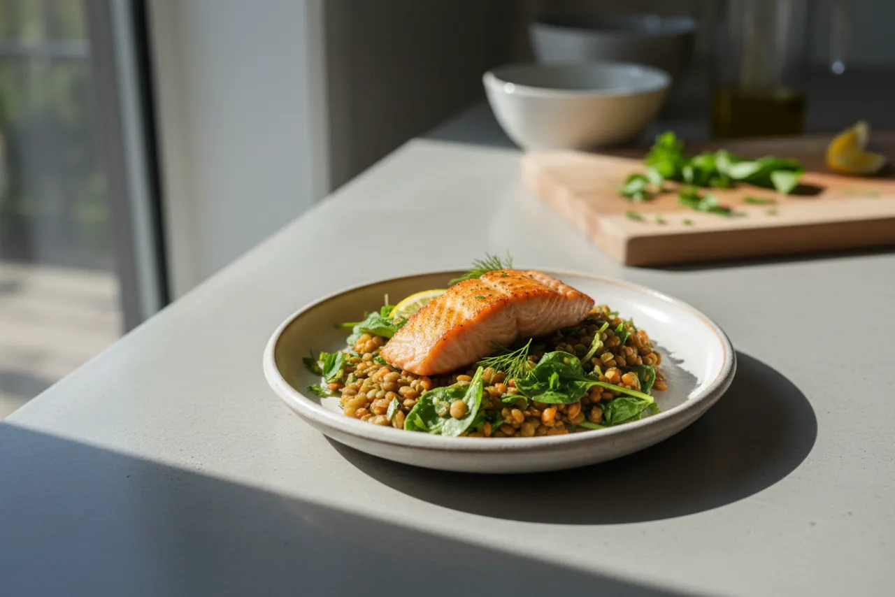 Salmon over Lentils — a high-fiber mediterranean meal with about 24g of fiber