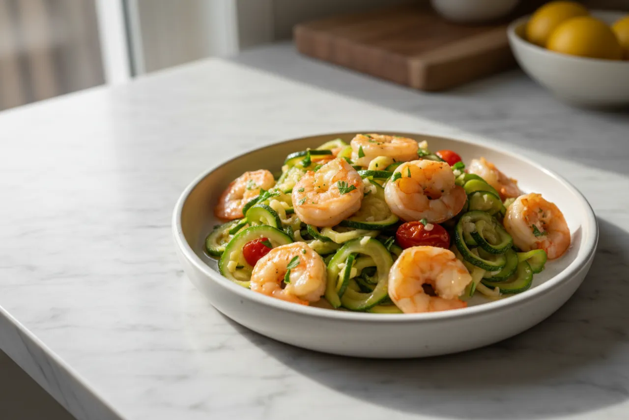 Garlic Shrimp & Zucchini — a high-protein low-calorie mediterranean recipe with about 2g of fiber