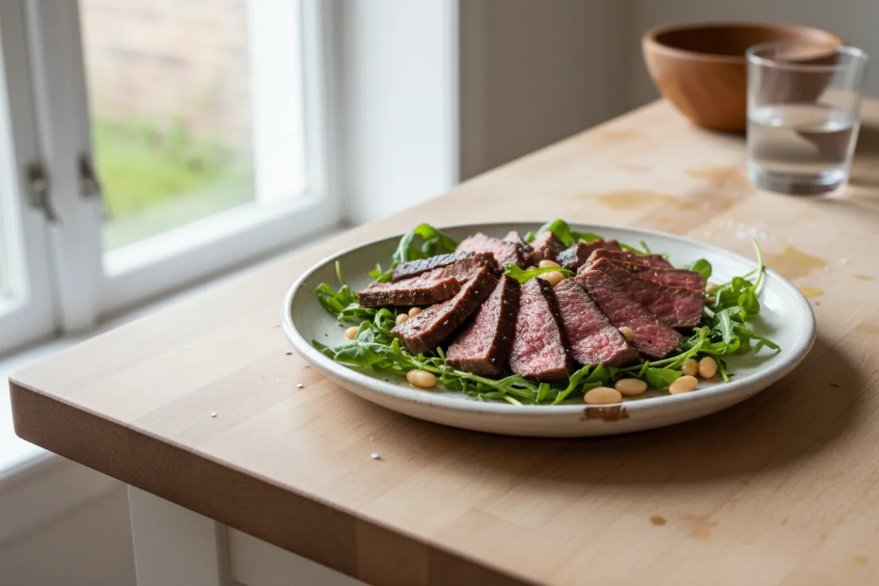 Seared Steak & Arugula Salad — a high-protein high-fiber mediterranean recipe with about 8g of fiber