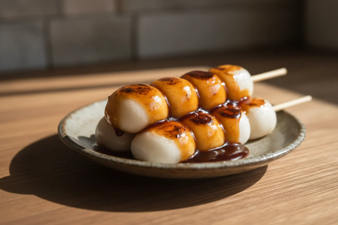 Mitarashi Dango — Japanese recipe, finished and plated