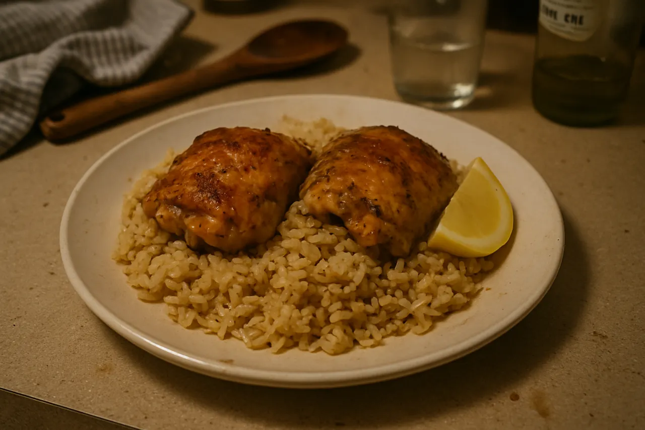 Greek Lemon Garlic Chicken & Rice — a Mediterranean diet greek recipe with about 2g of fiber