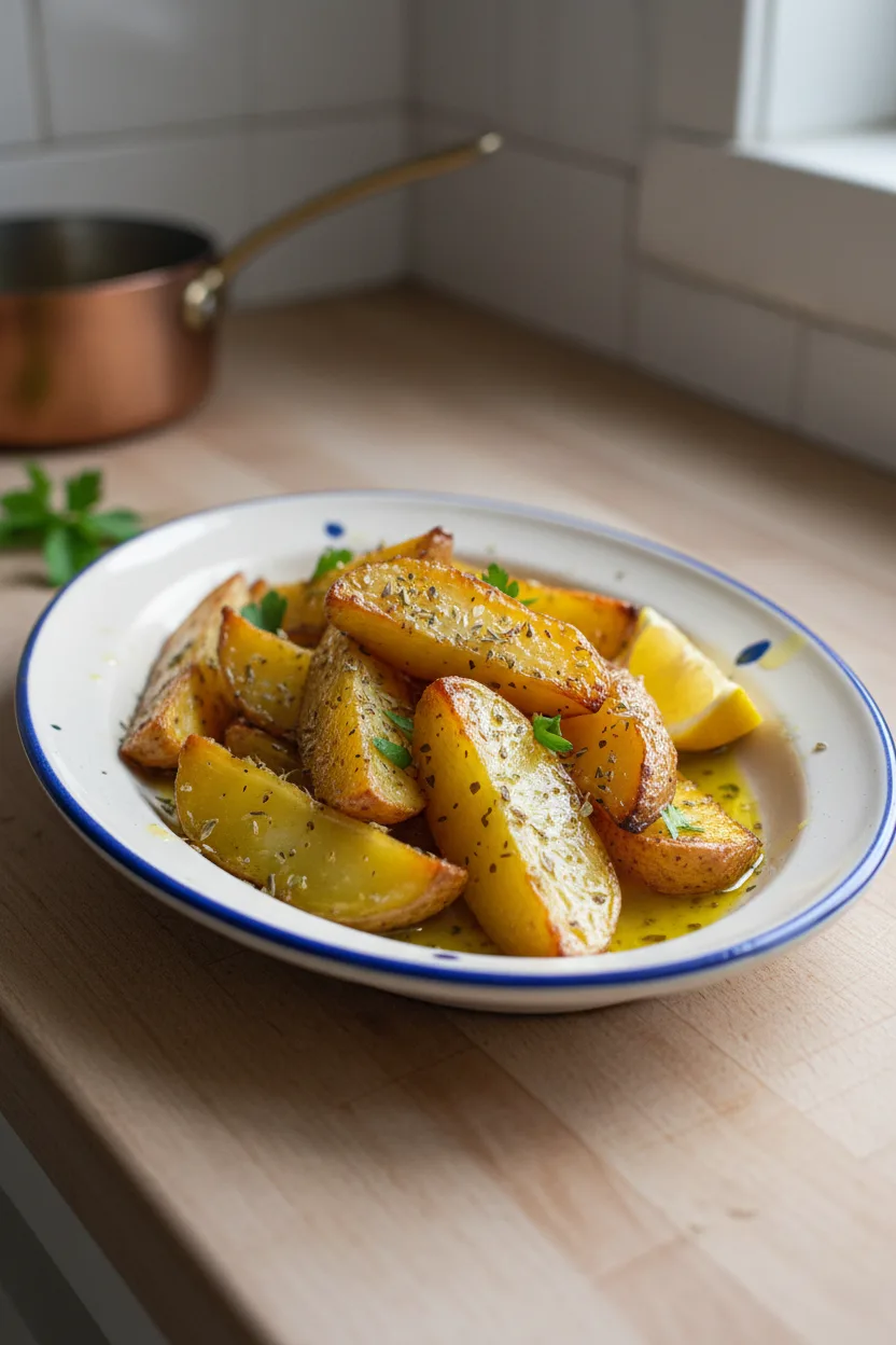 Greek Lemon Potatoes (Patates Lemonates) — Greek recipe, finished and plated
