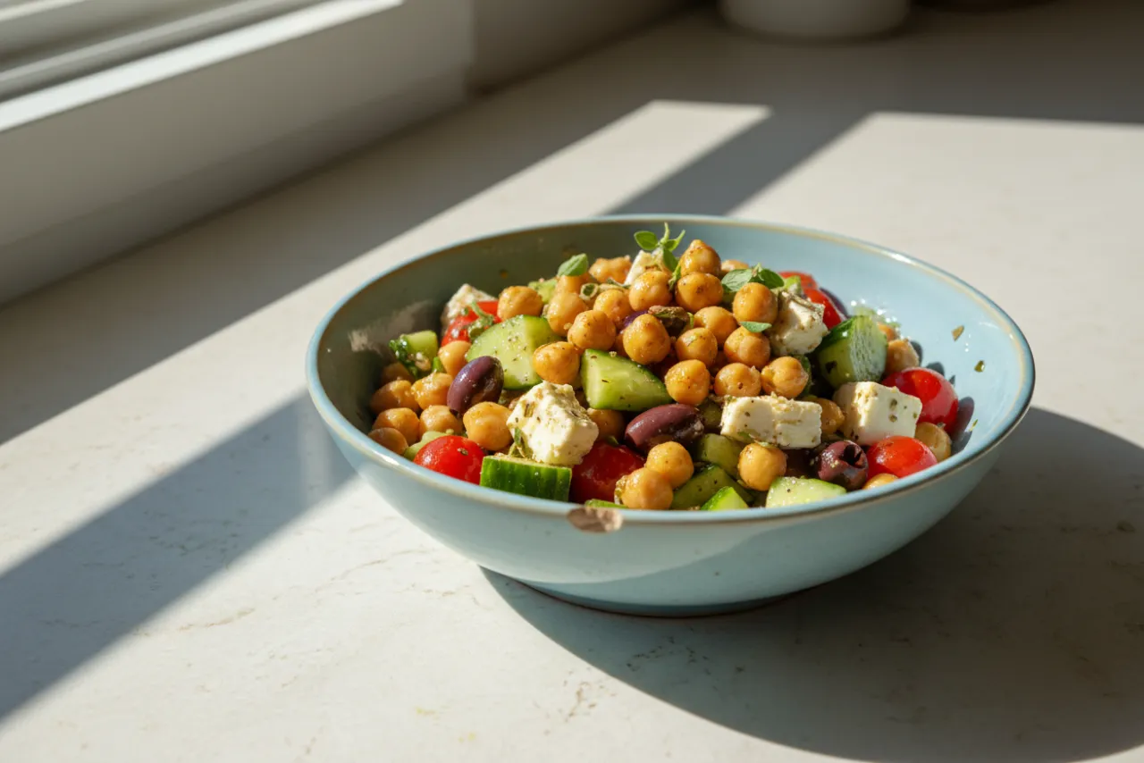 Greek Chickpea Salad — a high-fiber salad greek recipe with about 12g of fiber