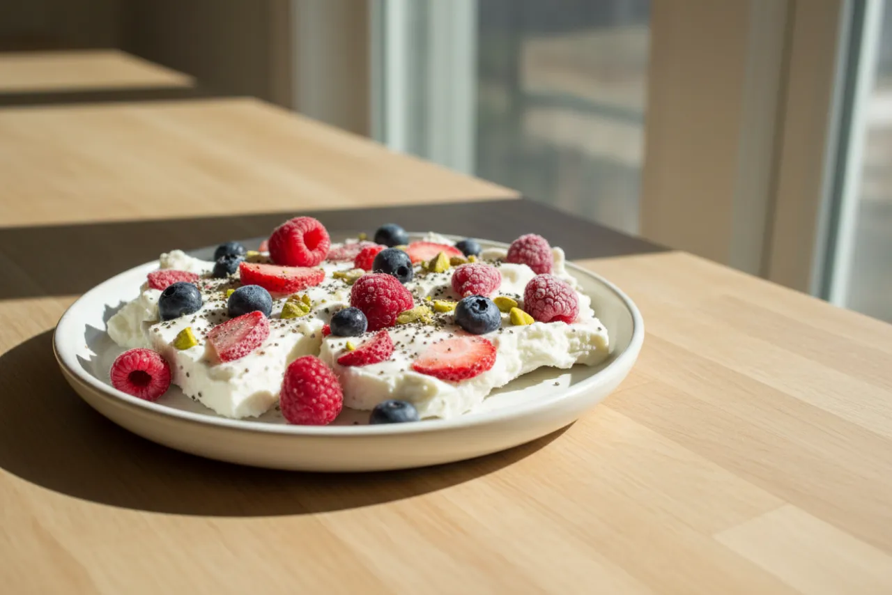 Frozen Greek Yogurt Bark — American recipe, finished and plated