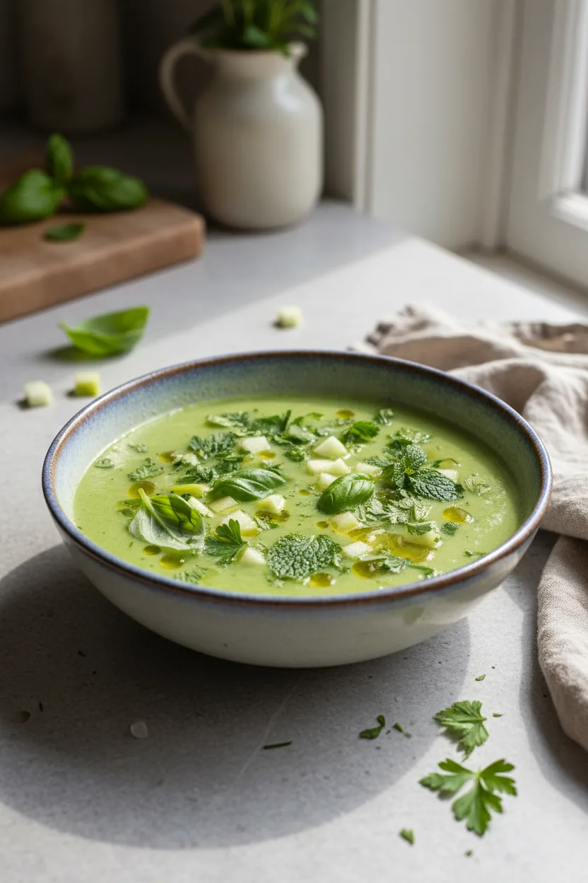 Green Apple Gazpacho — Spanish recipe, finished and plated
