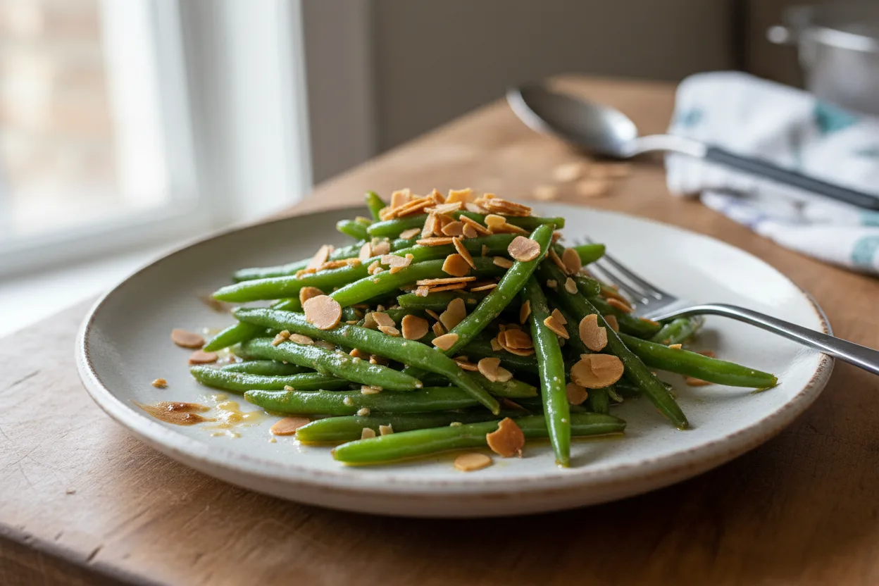 Green Beans Amandine — French recipe, finished and plated