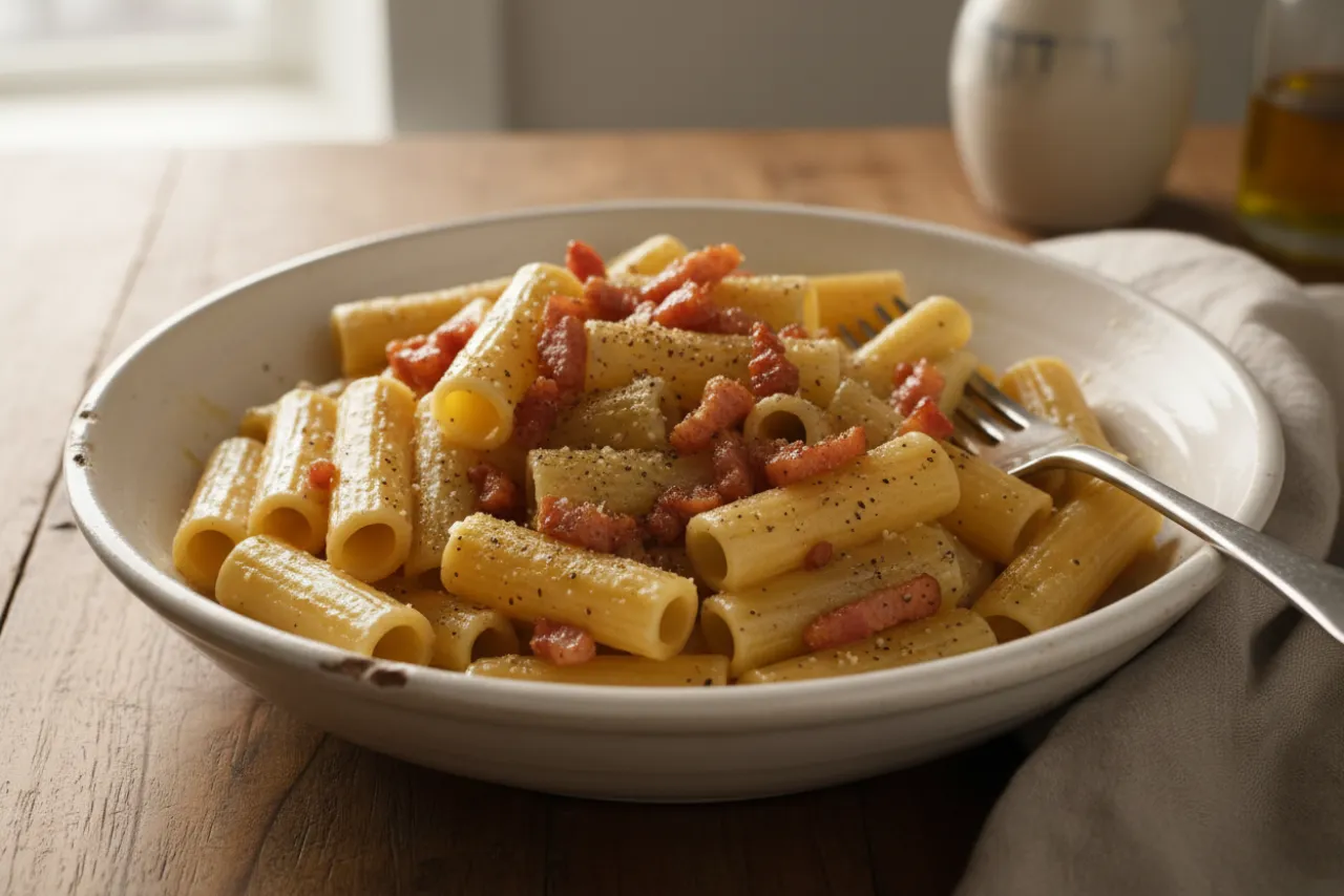 Pasta alla Gricia — a Mediterranean dinner italian recipe with about 3g of fiber