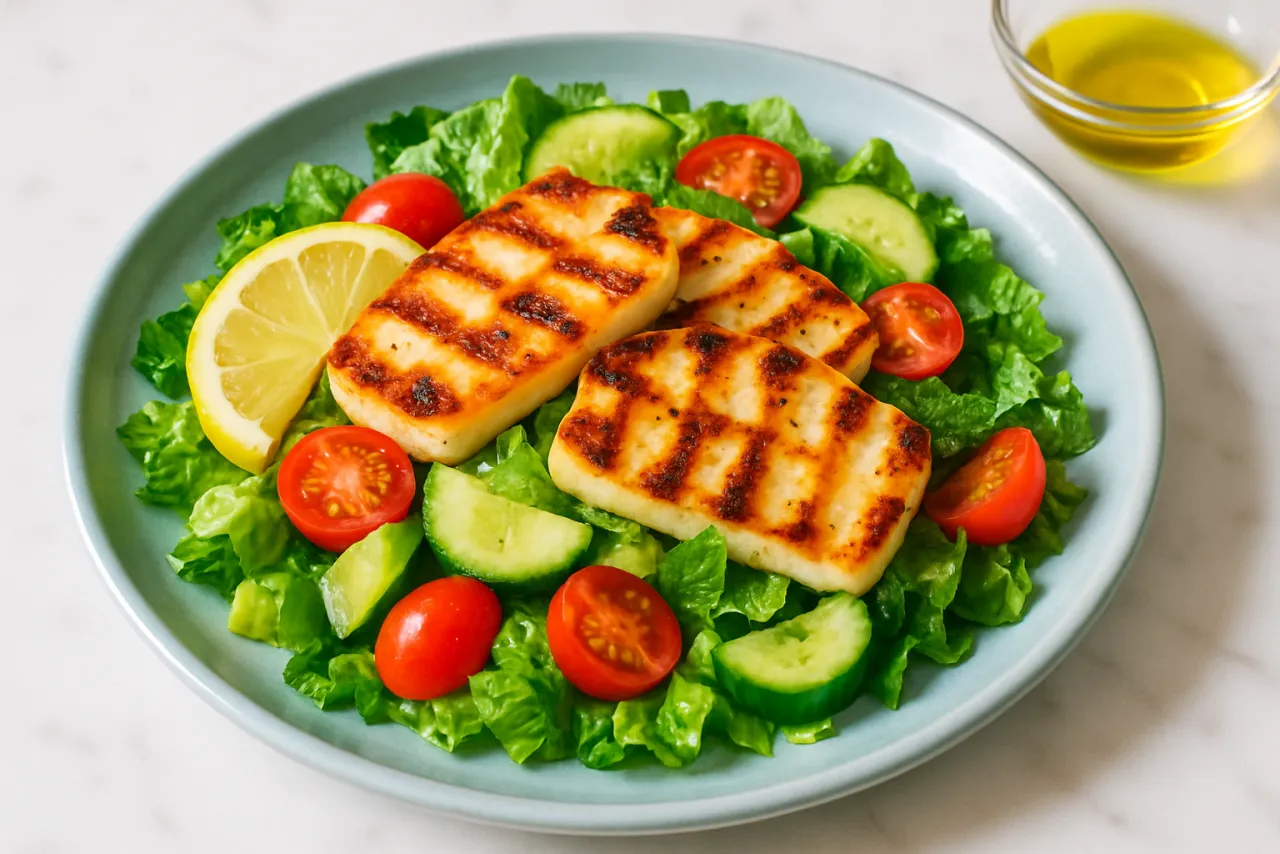 Grilled Halloumi Salad — a Mediterranean lunch mediterranean recipe with about 9g of fiber