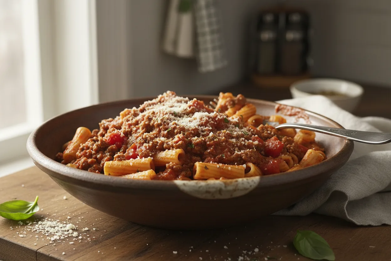 Quick Ground Beef Ragu — a Mediterranean lunch italian recipe with about 7g of fiber