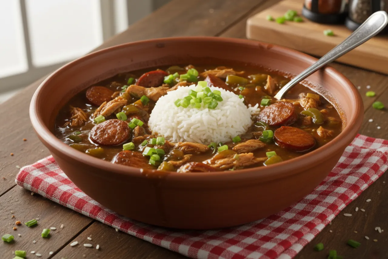 Chicken and Sausage Gumbo — American recipe, finished and plated