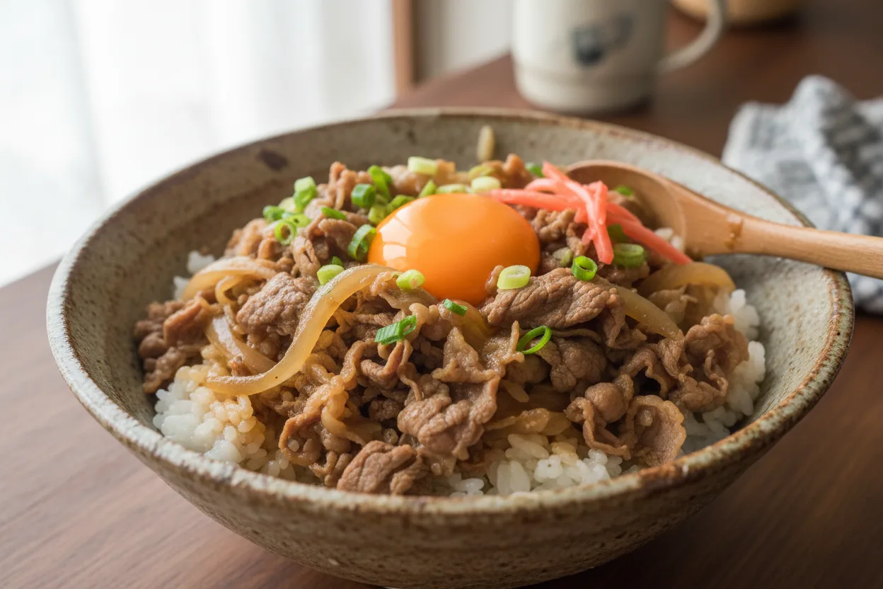 Gyudon — Japanese recipe, finished and plated
