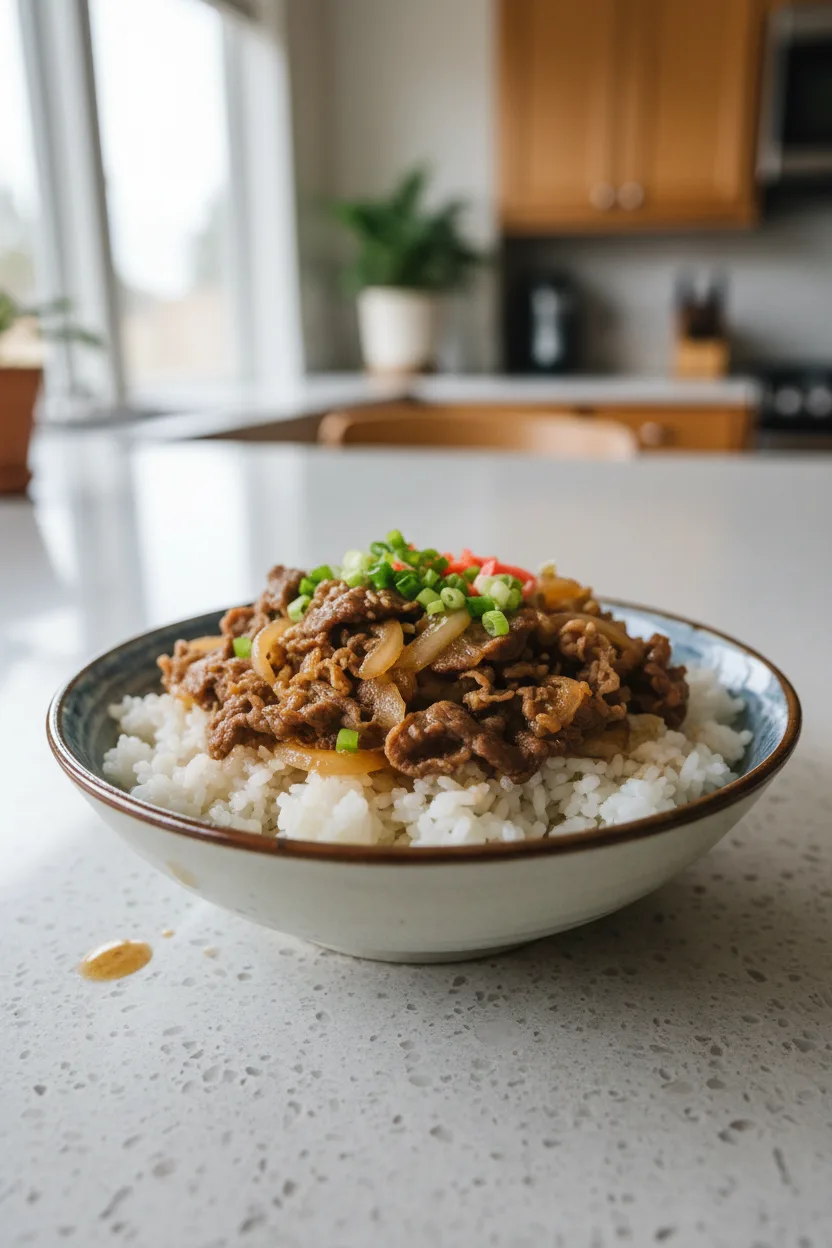 Gyudon — Japanese recipe, finished and plated