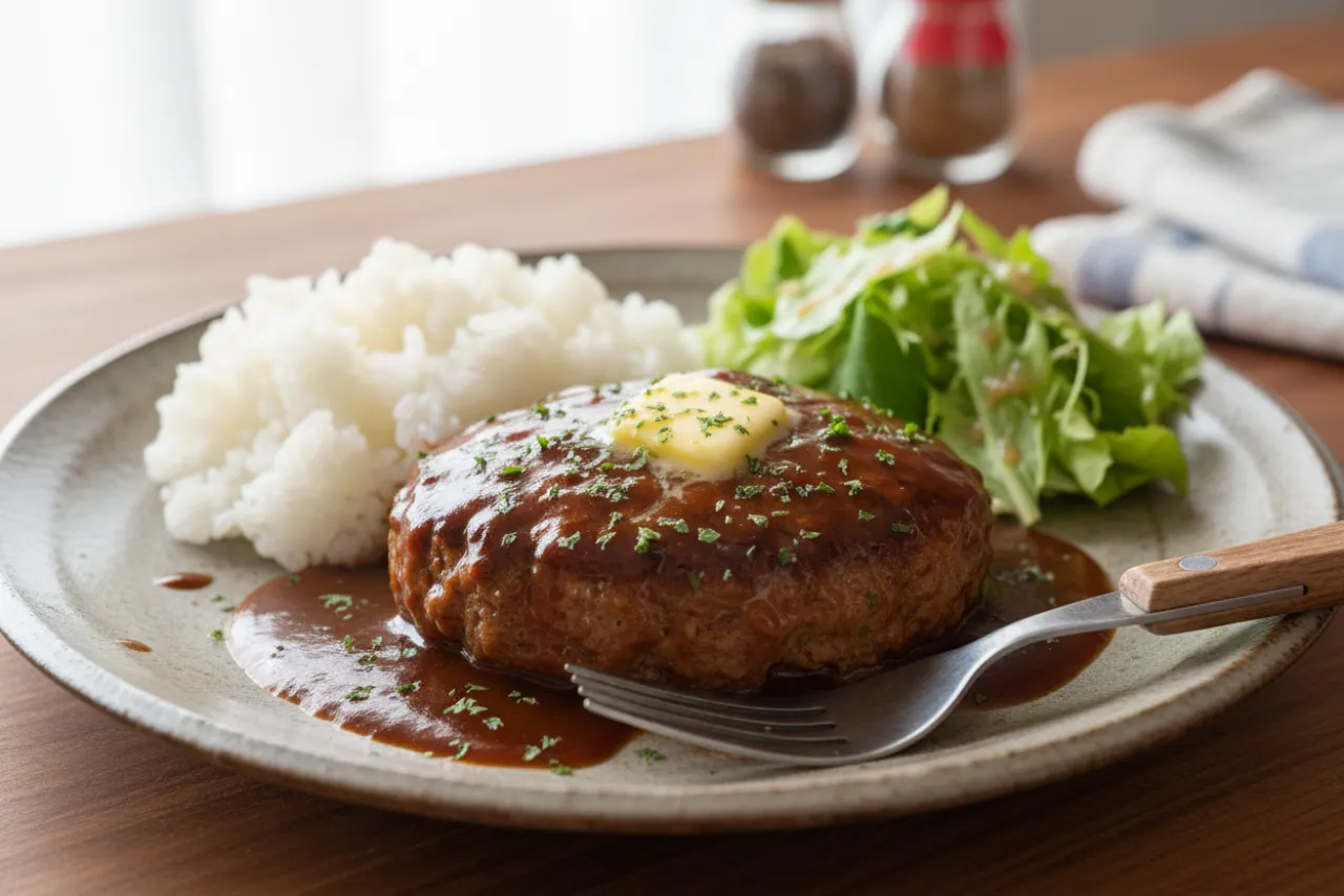 Hambagu — Japanese recipe, finished and plated