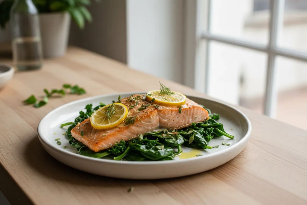 Herb-Baked Salmon with Greens — a high-protein seafood mediterranean recipe with about 3g of fiber