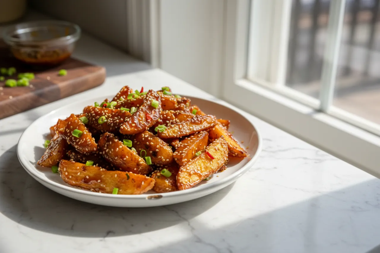 Honey Chilli Potatoes — Indo-Chinese recipe, finished and plated