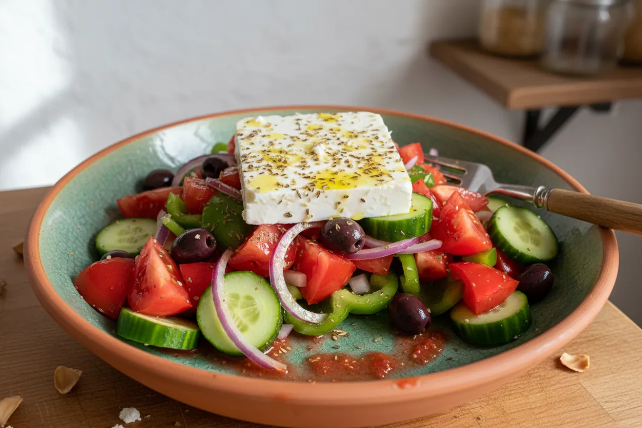 Horiatiki (Greek Village Salad) — a lunch meal prep greek recipe with about 4g of fiber