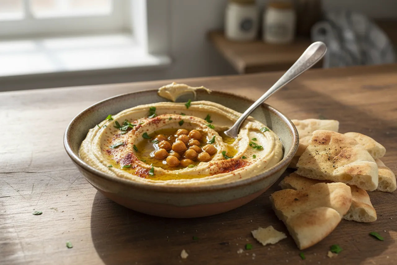 Hummus — a anti-inflammatory lunch middle eastern recipe with about 12g of fiber