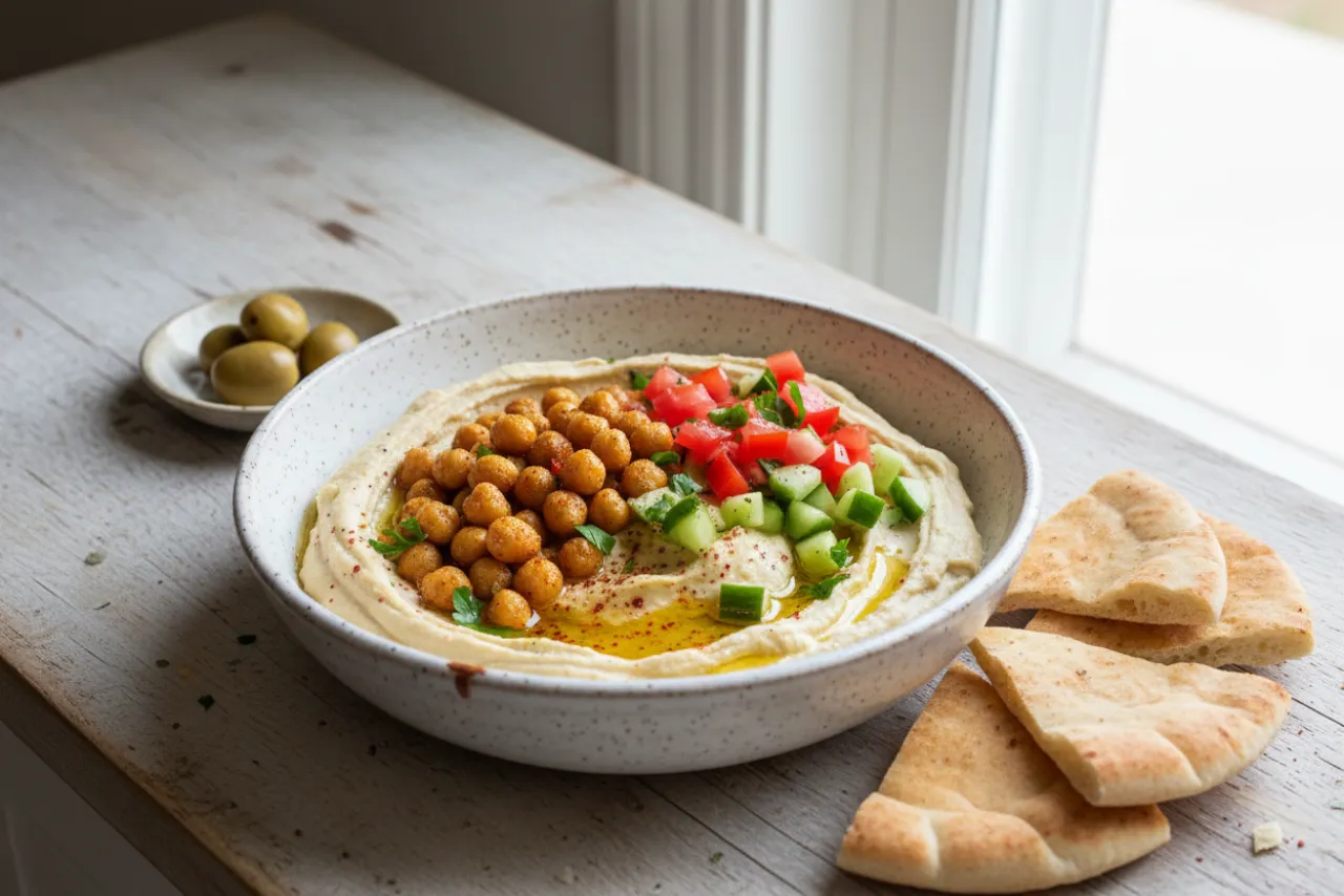 Loaded Hummus Bowl — a high-fiber middle eastern meal with about 11g of fiber