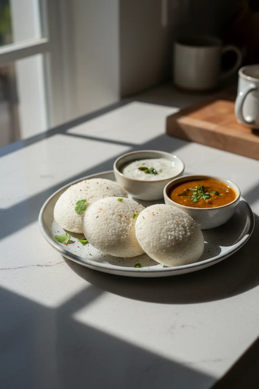 Idli — Indian recipe, finished and plated