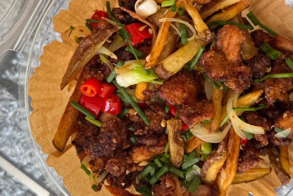 Irish spice bag — crispy five-spice fried chicken and chips tossed with red chili and scallions