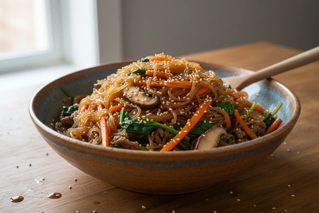 Japchae — Korean recipe, finished and plated