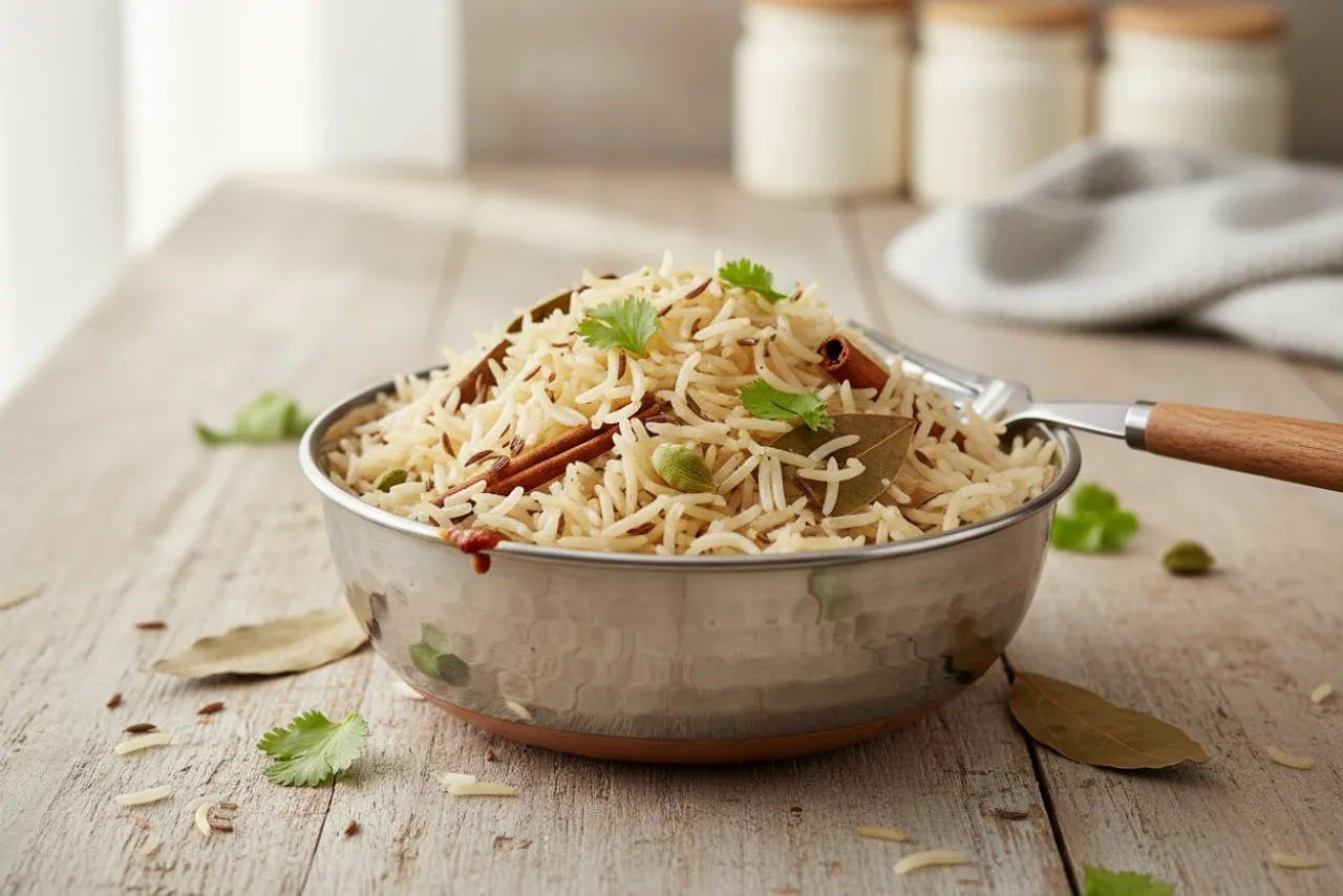 Jeera Rice — Indian recipe, finished and plated