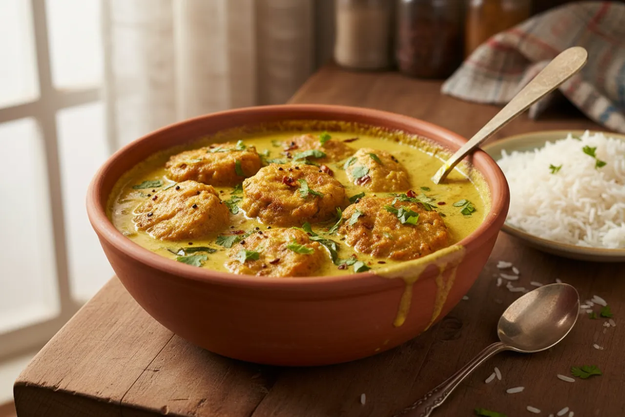 Punjabi Kadhi Pakora — Indian recipe, finished and plated