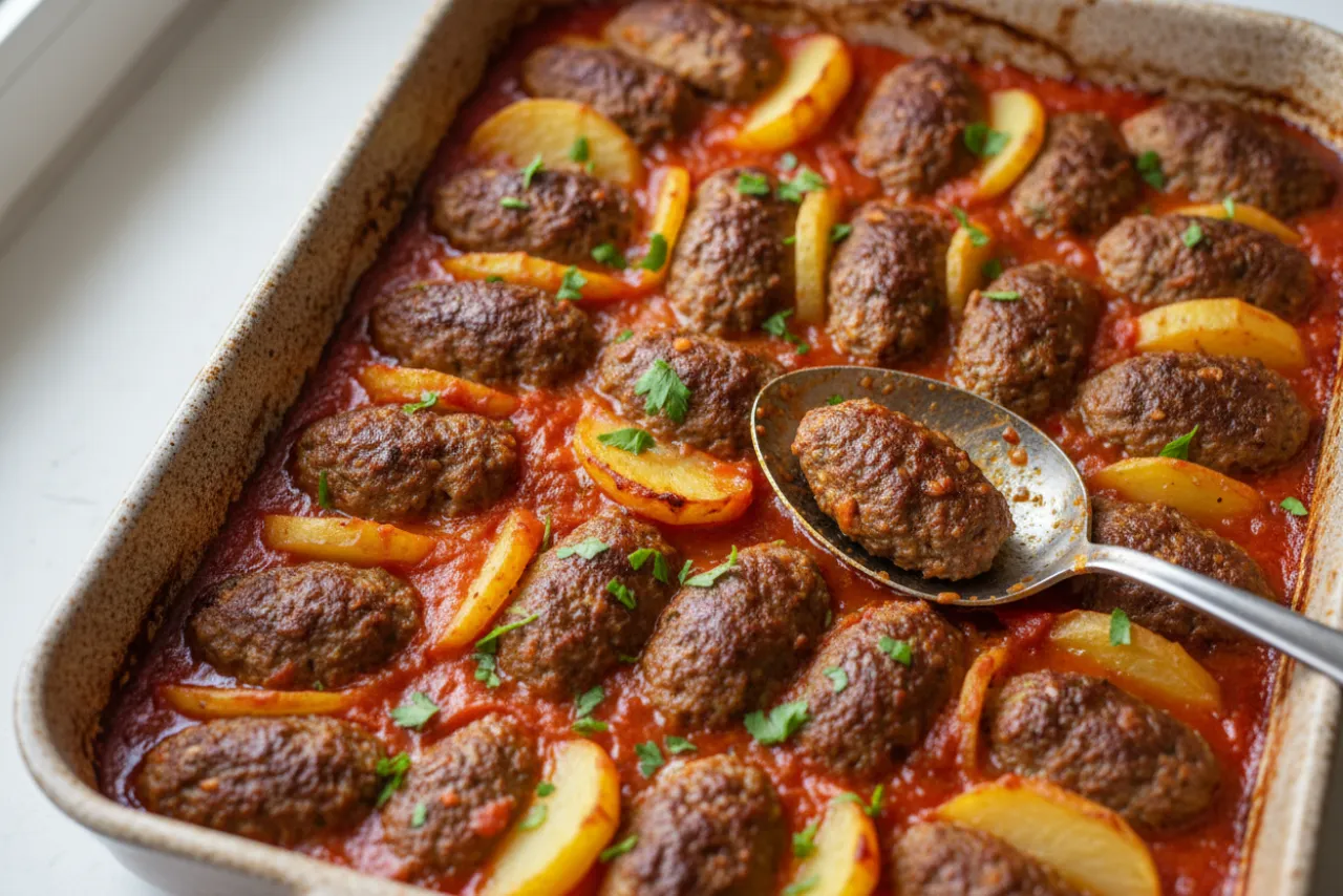 Kafta bil Sanieh (Lamb and Potato Bake) — a meal prep middle eastern recipe with about 7g of fiber