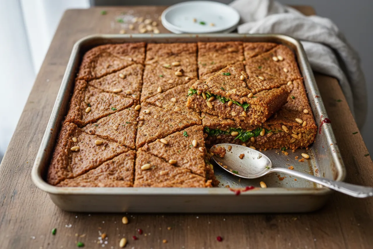 Kibbeh bil Sanieh (Baked Lamb and Bulgur) — Middle Eastern recipe, finished and plated