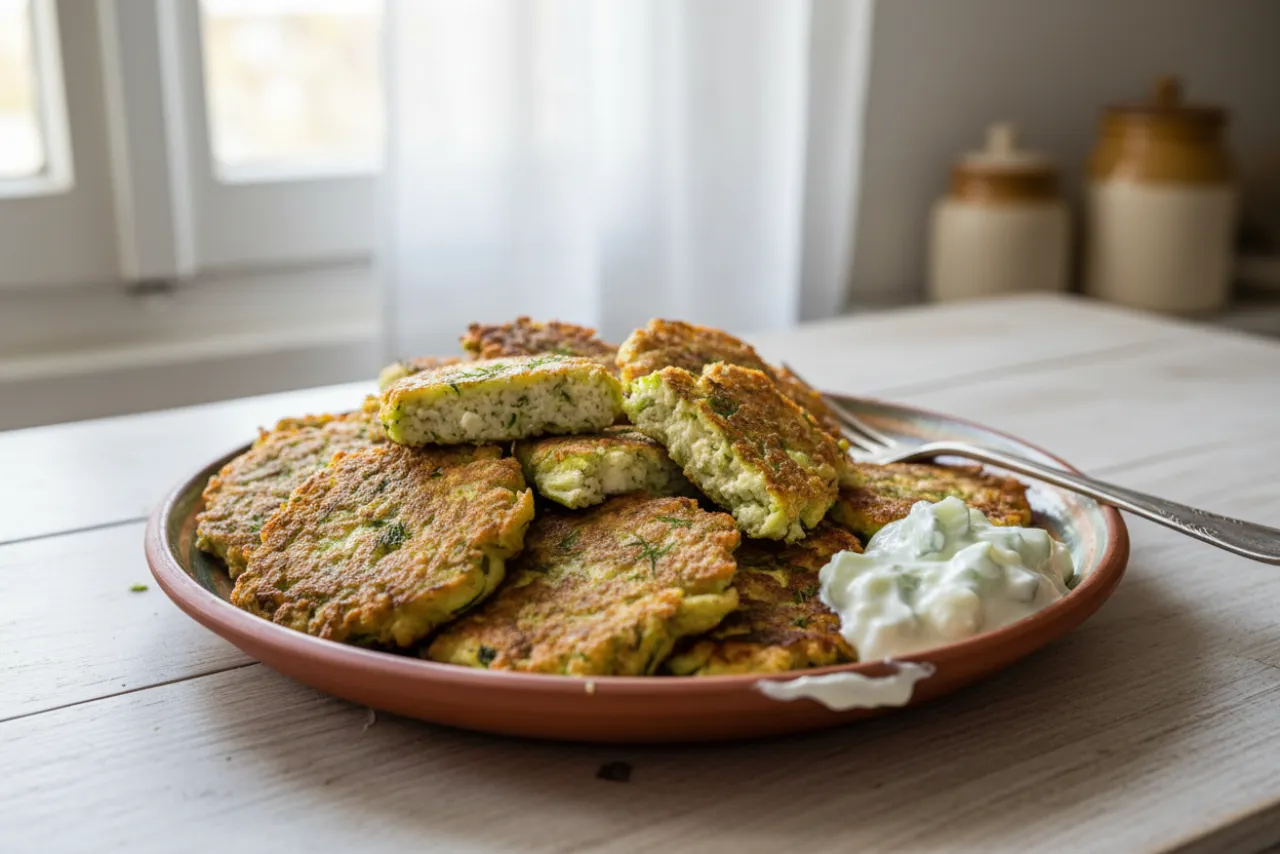 Kolokithokeftedes (Greek Zucchini and Feta Fritters) — Greek recipe, finished and plated