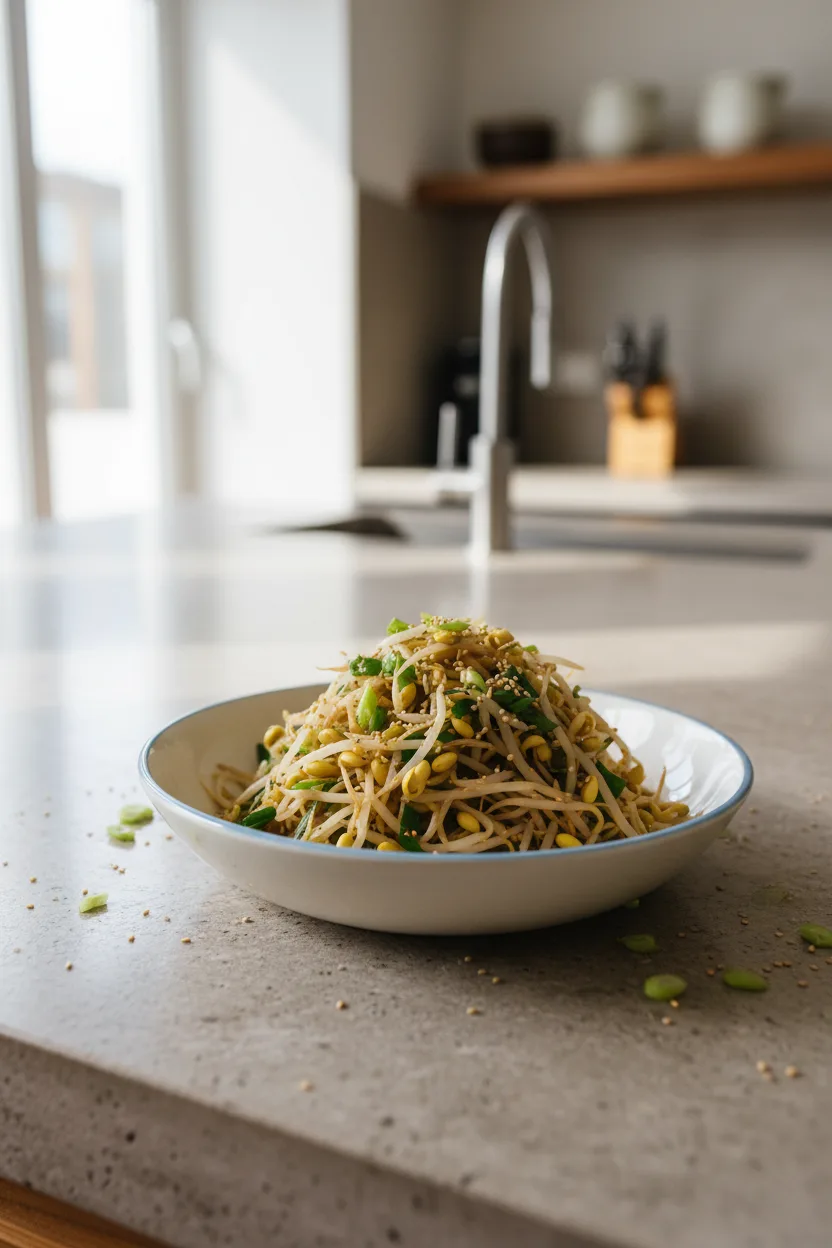 Kongnamul Muchim — Korean recipe, finished and plated