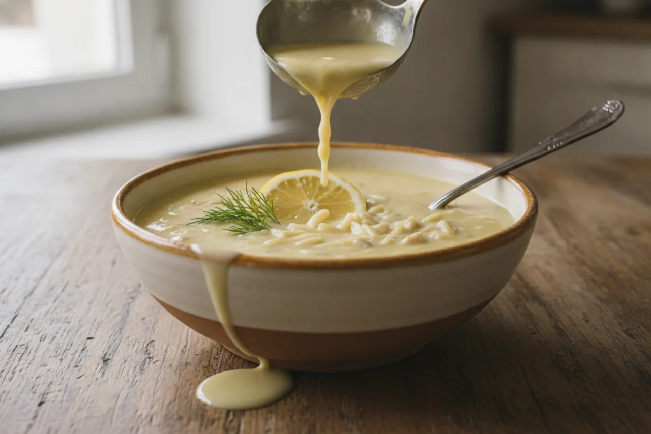 Kotosoupa Avgolemono (Greek Chicken Lemon Soup with Orzo) — a high-protein pasta greek recipe with about 1g of fiber