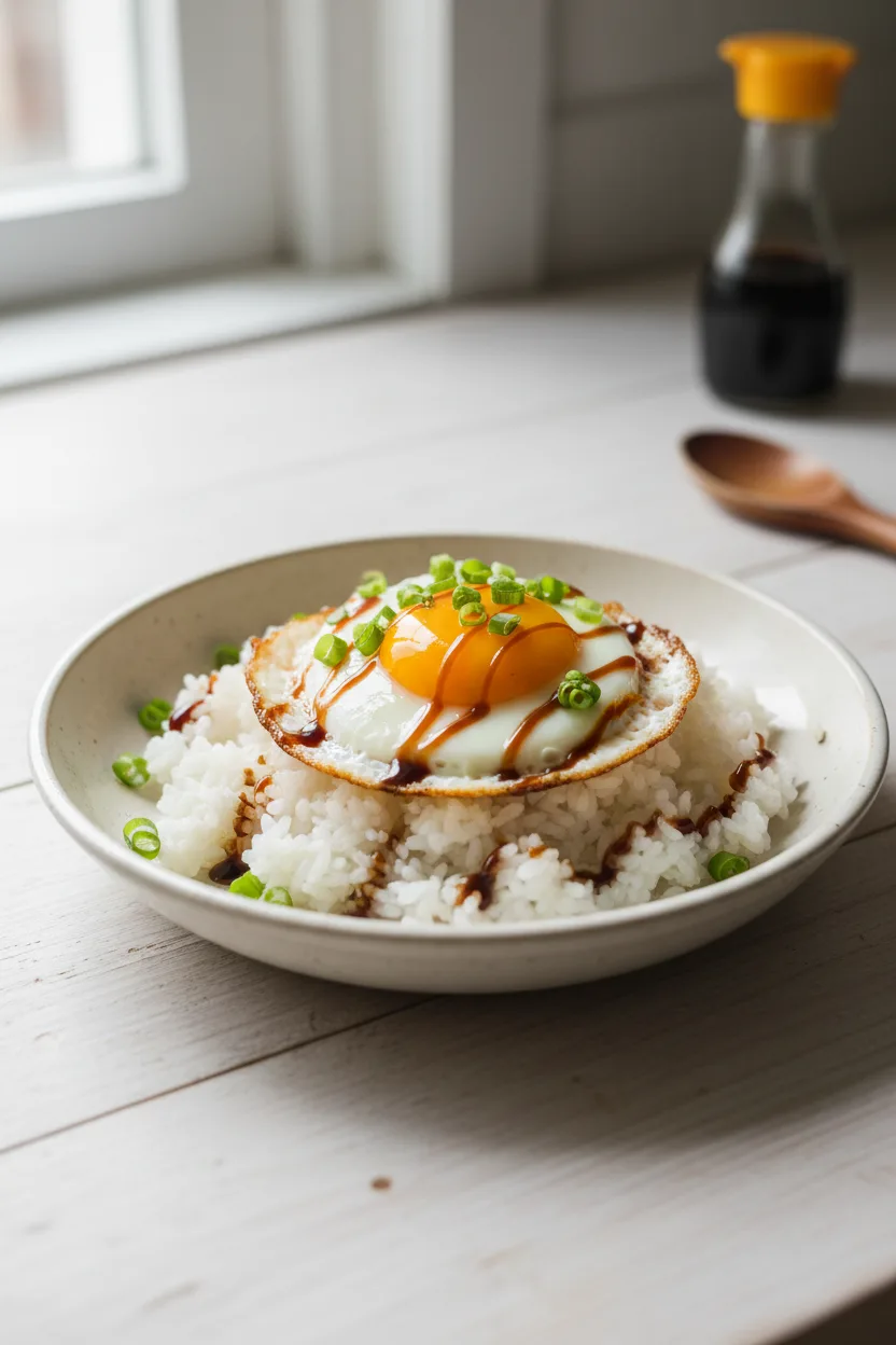 Gyeran Bap (Korean Soy Egg Rice) — Korean recipe, finished and plated