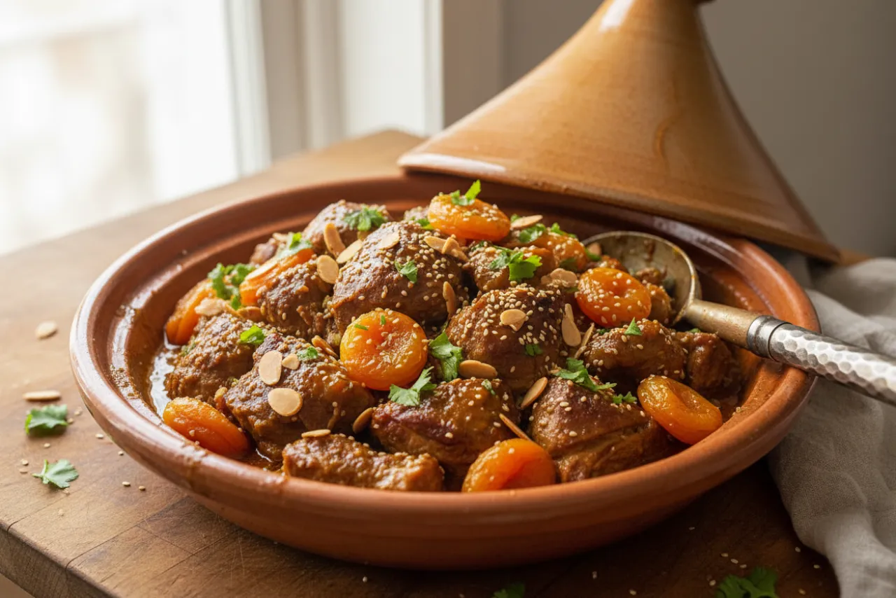 Lamb and Apricot Tagine — Moroccan recipe, finished and plated