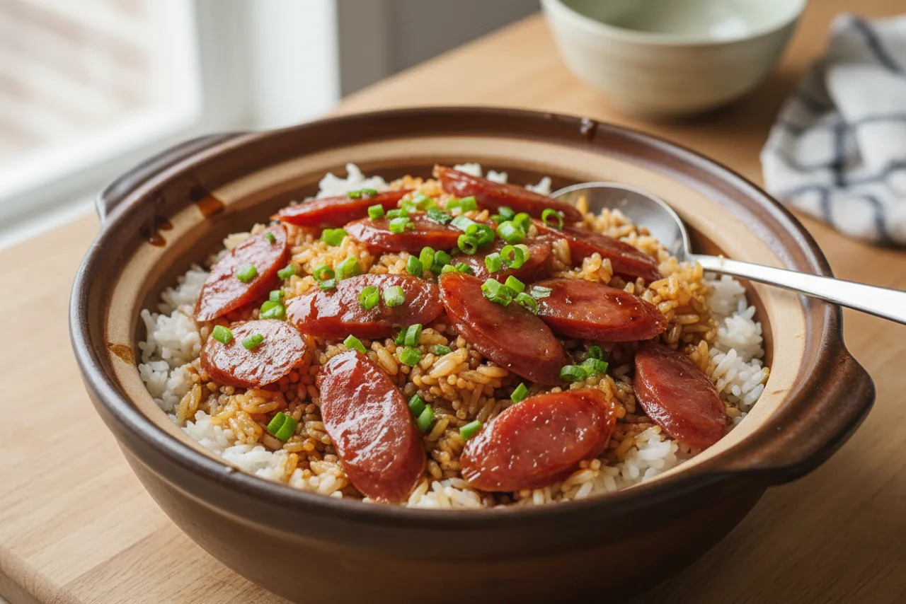 Lap Cheong Fan (Claypot Sausage Rice) — a easy family dinner chinese recipe with about 4g of fiber