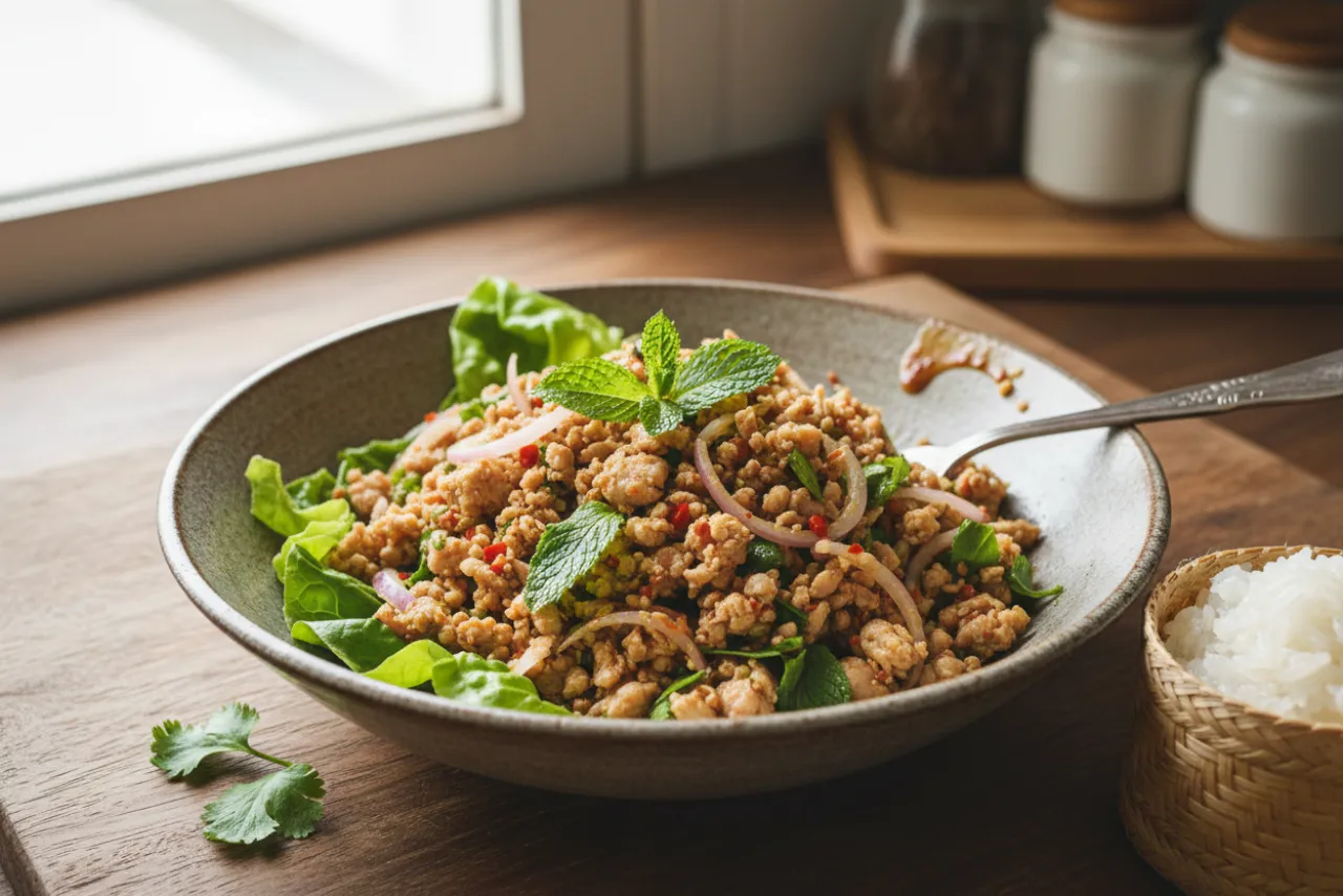 Larb Gai — a quick healthy dinner thai recipe with about 2g of fiber