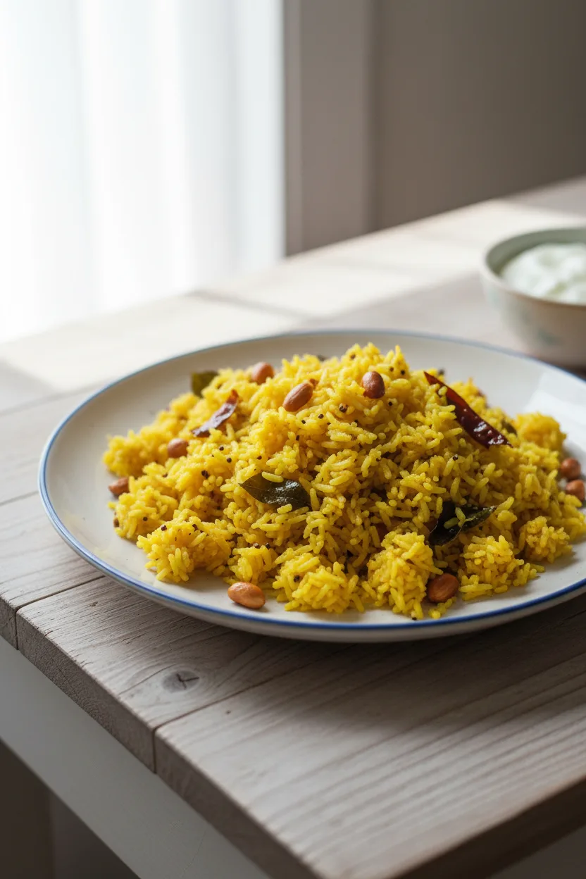 Lemon Rice — Indian recipe, finished and plated