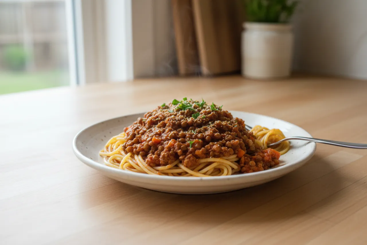Lentil Bolognese — a high-protein high-fiber italian recipe with about 25g of fiber