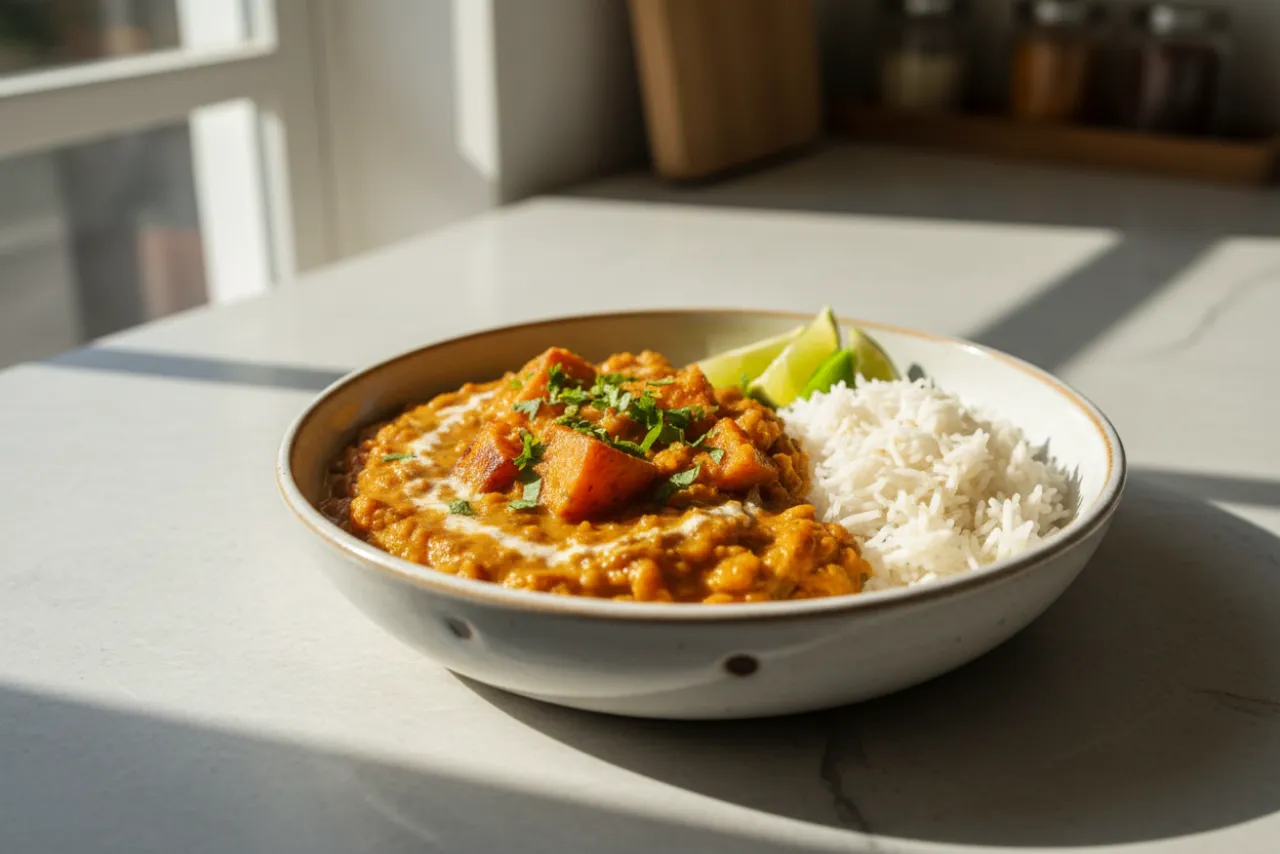 Red Lentil & Sweet Potato Curry — a pantry indian recipe with about 13g of fiber