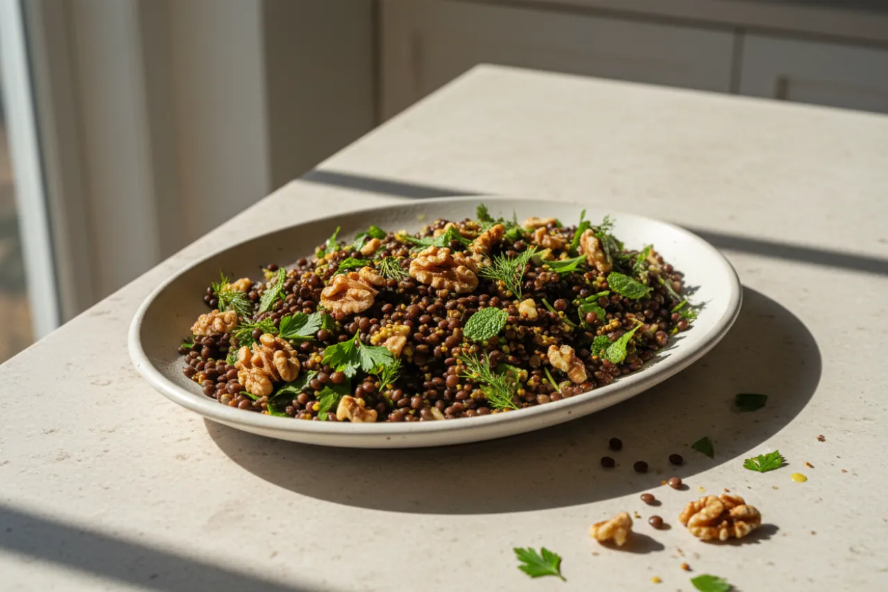 Lentil & Walnut Salad — a high-fiber dinner mediterranean recipe with about 23g of fiber