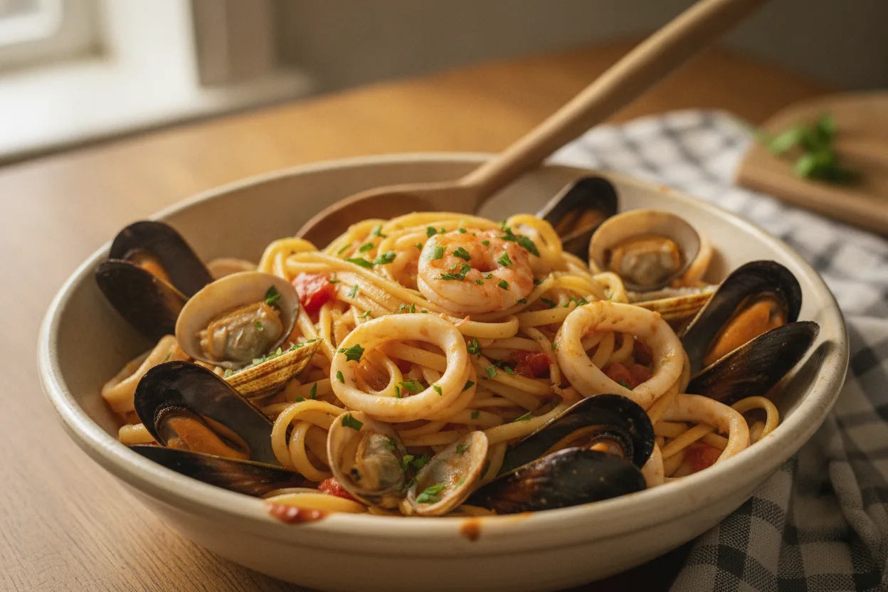 Linguine ai Frutti di Mare — a high-protein pasta italian recipe with about 3g of fiber